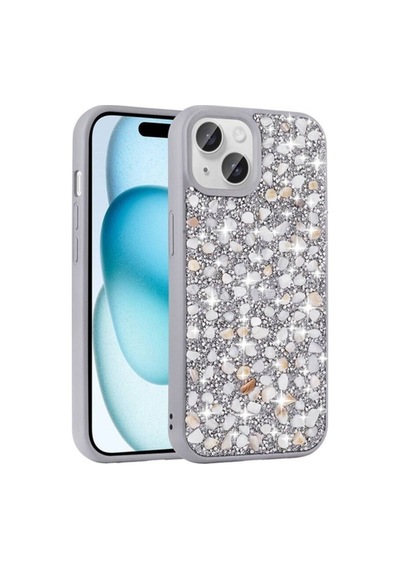 Apple Uyumlu iPhone 15 Plus Kılıf Parlak Taşlı Tasarım Zore Linea Kapak Gümüş