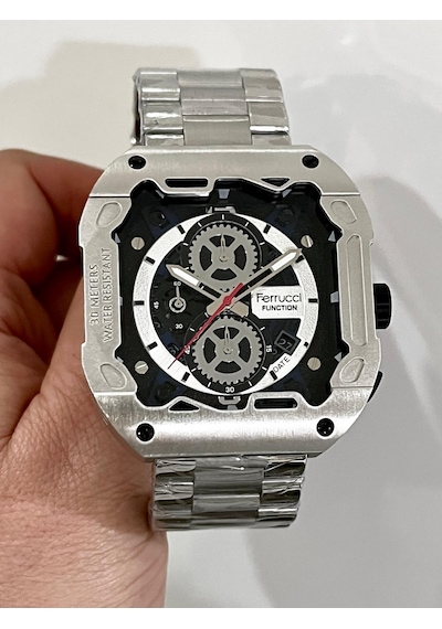 Ferrucci Kare Kadran Silver Renk Fonksiyonları Aktif Takvimli 45mm Kasa Çap Erkek Kol Saati Gümüş