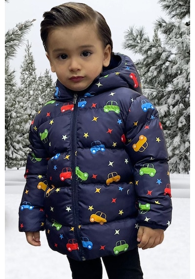 Erkek Çocuk Polarlı Kapüşonlu Gezegen Yıldız Desenli Kışlık Şişme Mont & Kaban & Parka Lacivert