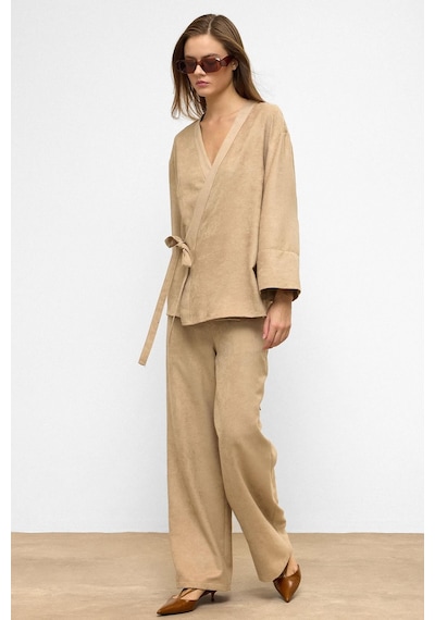 Olcay Önü Bağlamalı Süet Görünümlü Kimono İkili Takım Taş 9366-tk