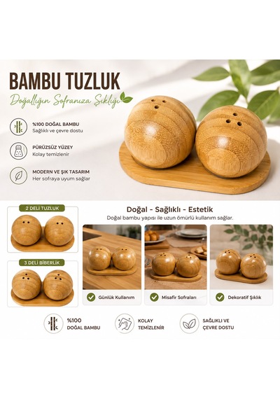Top Şekilli Tuzluk Biberlik Seti Bambu