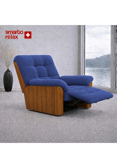 Smarto Relax Porto Tv Koltuğu Elektrikli Masajlı Isıtmalı Döner Sallanan Ahşap Yan Panelli Polyester Kumaş Baba Koltuğu Mavi