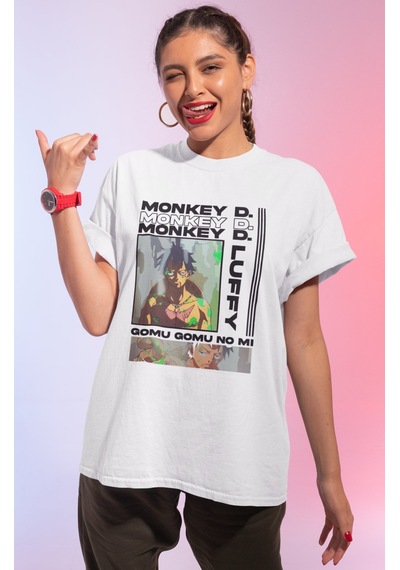 Monkey D. Luffy One Piece Baskılı Unisex Oversize Anime Karakter Beyaz
