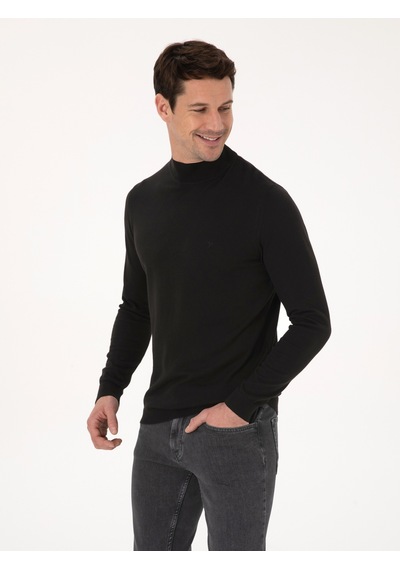 Cacharel Siyah Slim Fit Pamuk Karışımlı Yarım Balıkçı Yaka Basic Triko Kazak