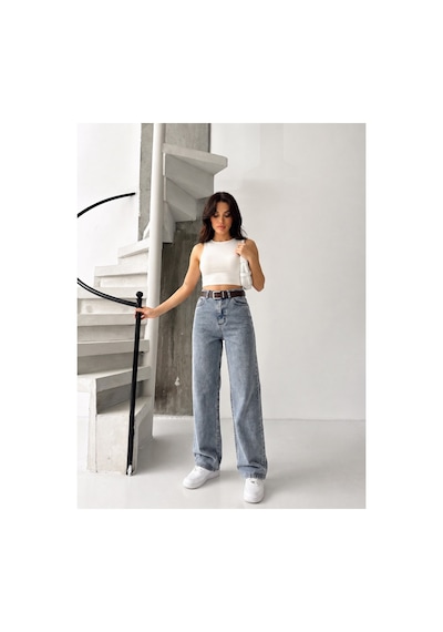 Kene Jeans Tintli Kemerli Likralı Bol Paça Denim Pantolon Tintli