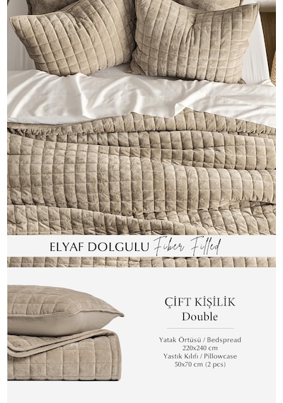 Evlen Home Collection Kadife Stacy Yatak Örtüsü Seti Çift Kişilik Elyaf Dolgulu Yumuşak 3 Parça Bej