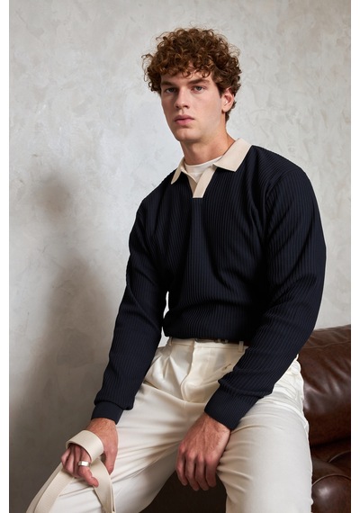 Erkek Polo Yaka Nopeli Oversize Triko Kazak Lacivert