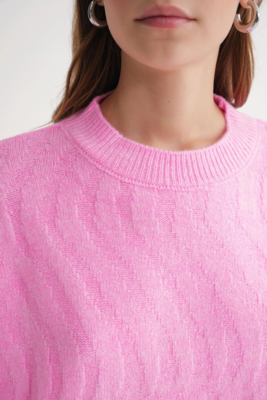 Mixray 6947 Kadın Kendinden Desenli Oversize Triko Kazak Pembe