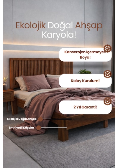 Renazzo Alaz Yatay Başlıklı Masif Ahşap Karyola Ceviz 120x200 Ceviz - 120 X 200
