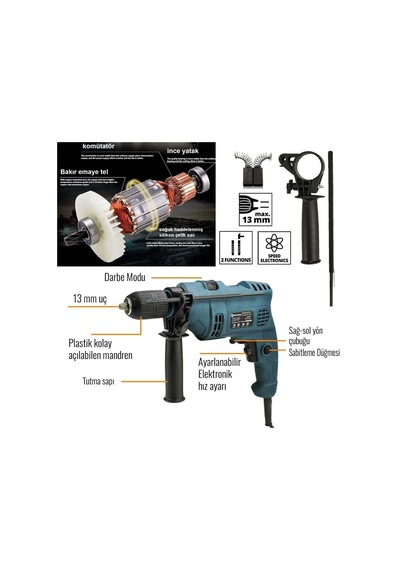 Prohummer Ph016 Elektrikli 13mm Darbeli Matkap Mavi