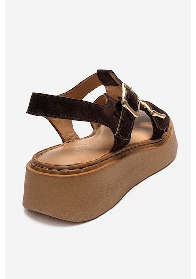 Luvishoes Loın Kahverengi Süet Hakiki Deri Tokalı Kadın Sandalet Kahverengi
