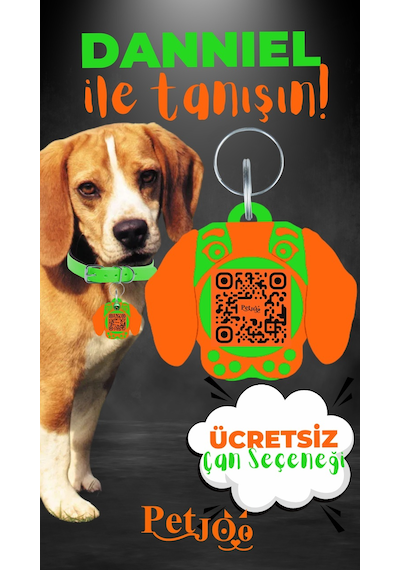 Petjoo 21.Danniel Turuncu-Yeşil Qr'lı Köpek Künyesi
