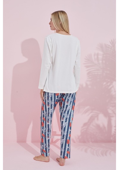 Siyah İnci Pamuklu Örme Pijama Takım 24240181 Ekru