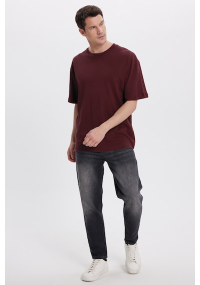 Tudors Unisex Oversize Geniş Kesim %100 Pamuk Yumuşak Dokulu Basic Bisiklet Yaka Bordo Tişört-40053 Bordo
