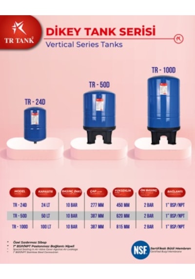Trtank Profesyonel 50 Litre Dikey Ayaklı Nsf Membranlı Hidrofor