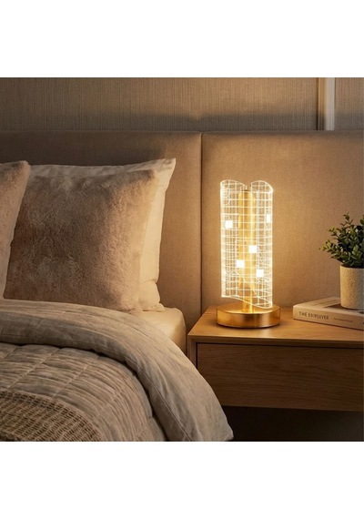 Dalgalı Silindirik Kristal Kareli Model Led Masa Lambası Gold Tabanlı, Dokunmatik, 3 Renk Işık Modlu, Şarjlı Modern Dekoratif Gece Lambası 5570 Beyaz