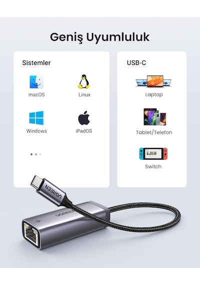 Ugreen Usb Type-c To Ethernet Rj45 1 Gbps Dönüştürücü Adaptör, 40322