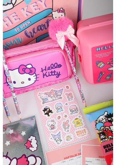 X Dekomus Heart Key Collection Hello Kitty Lisanslı Full Kırtasiye Seti İlkokul Çantası,beslenme Kabı,matara Açık Gri