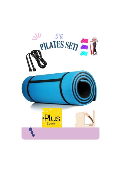 5'li Set 10 Mm Plates Yoga Minderi Ve Kamp Matı 3 Adet Pilates Bandı Direnç Lastiği Ve Atlama İpi Pembe Pembe