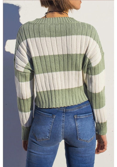 Madmext Yeşil V Yaka Çizgili Crop Kadın Kazak Mg1441 - Yeşil