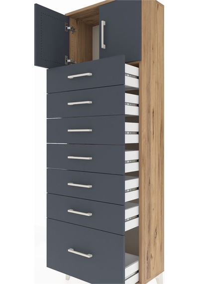 Arges Dolap Tek Raflı 7 Çekmeceli 2 Kapaklı 60x30x182 Çam-ant... Çam