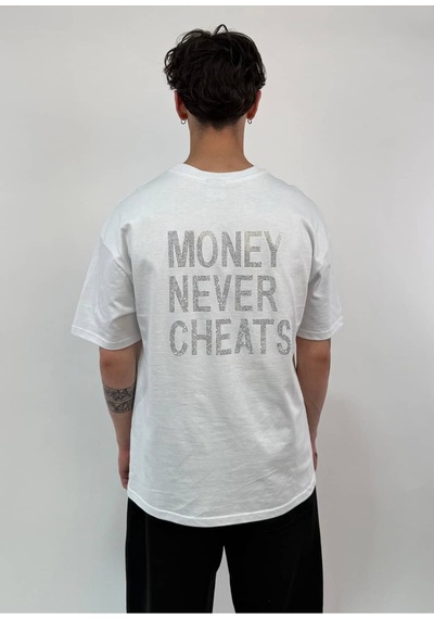 Zaee Money Never Cheats Taşlı Oversize Tişört Beyaz