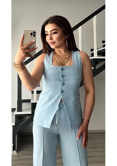 Bebe Mavi Kare Yaka Bağlama Detaylı Yelek - Pantolon Takım Bebe Mavi