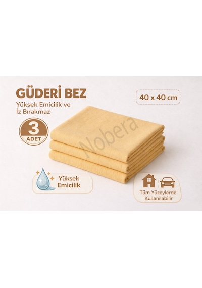 Nobera 3 Adet Güderi Bez 40x40 Cm 250 Gsm Yüksek Emicili Oto Araba Kurulama Cam Silme İz Bırakmayan Temizlik Bezi