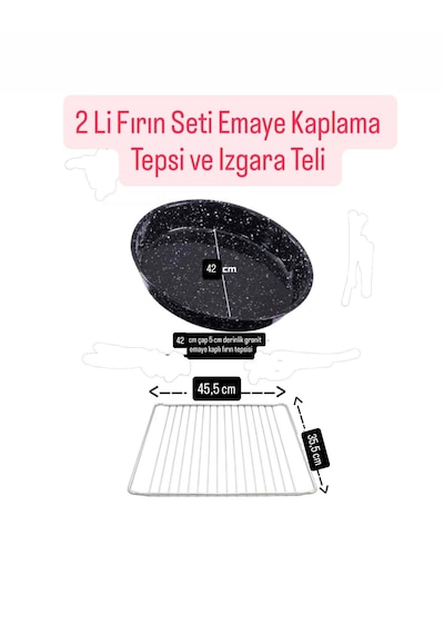 Granit Kaplama Emaye Yuvarlak Fırın Tepsisi Ve Fırın Izgara Teli 2'li Set 45,5 35,5 Cm Gümüş