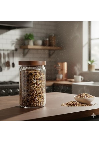 Akasya Kapaklı Çizgili Cam Kavanoz 750 Ml Hava Geçirmez, Modern Fitilli Tasarım Gıda Saklama Kabı Bakliyat, Diğer