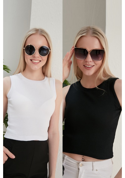 Catspy Kadın Halter Yaka 2'li Crop Bluz Atlet Siyah  -  Beyaz