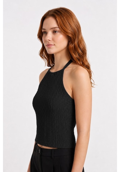 Cottonhıll Premium - Tide Collection Siyah Halter Yaka Boyundan Bağlamalı Bürümcük Dokulu Kadın Crop Bluz