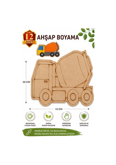 Ahşap Boyama Mikser 12 Adet 10x15cm Araba Boyama Figürü Etkinlik Çoçuk Gelişim Motor Beceri Kreş Anasınıfı