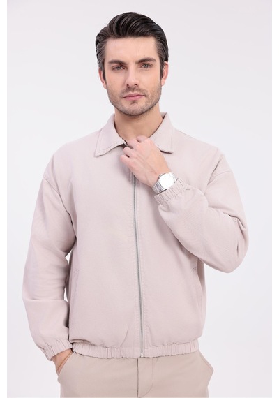 Erkek Gabardin Kumaş Fermuarlı Oversize Mevsimlik Ceket-144 Bej