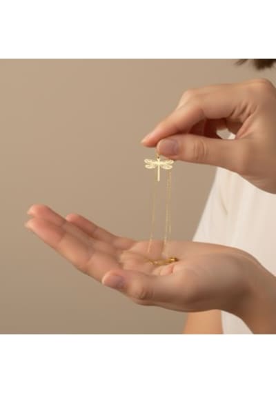 İsimli Dragonfly Yusufçuk Kolye Minimalist Altın Kaplama Tasarım, 925 Ayar Gümüş Gümüş