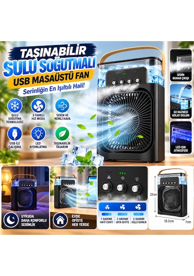 Buradabulabilirsin Taşınabilir 3 Farklı Mod Ayarlı 7 Farklı Led Işıklı Sulu Soğutmalı Taşınabilir Masaüstü Usb Fan Vantilatör Bbz