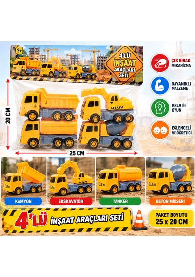 D026w 4 Lü Çek Bırak Kamyonlar Oyuncak İnşaat Araçları Adet Fiyatıdır