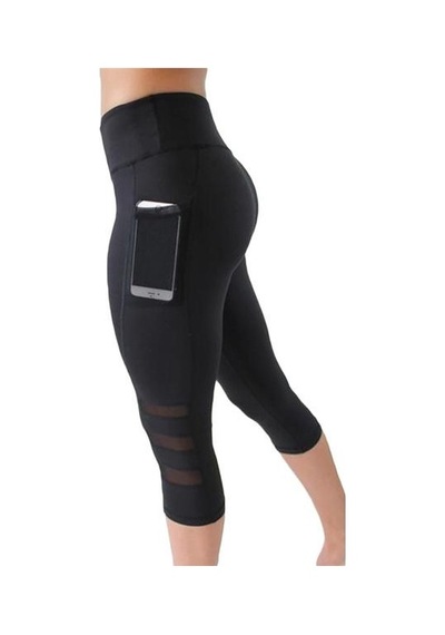 Kadın Moda Yoga Pantolon Spor Koşu Spor Kapri Pantolon Yan Siyah