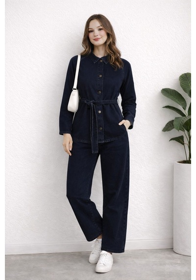 Hiramir Kadın Modern Kesim Kuşaklı Denim Takım Yz2601 Lacivert