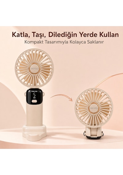 Mkio Şarjlı El Vantilatörü 5 Kademeli, Katlanabilir Dijital Ekranlı Mini El Fanı, 1200 Mah, 5 Pervaneli Güçlü Hava Akışı, Standlı Masaüstü Fan, Usb Şarjlı - Krem Renk