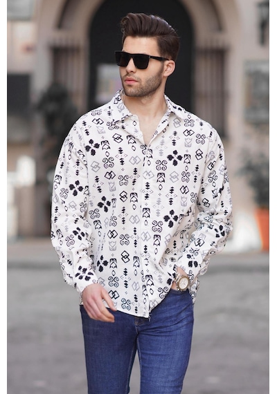 Madmext Siyah Desenli Uzun Kollu Oversize Erkek Gömlek 6731 Siyah