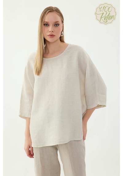 Vitrin %100 Keten Geniş Yaka Oversize Kısa Kol Bluz Taş