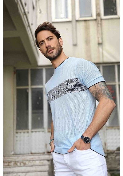 Ferraro Erkek Desenli Delikli Bisiklet Yaka Triko T Shirt - Mavi-Mavi