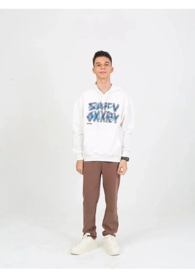 Marions Erkek Çocuk Yazı Detaylı 2 İplik Kapüşonlu Sweatshirt-15229 Ekru