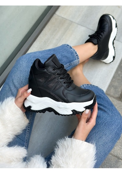 Erva'nın Butiği Siyah Cilt Celly Gizli Topuk Dolgu Topuk 7 Cm Boy Uzatan Sneakers-6476