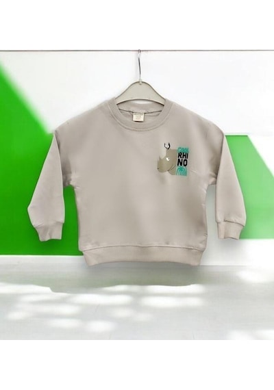 Zekids Erkek Çocuk Cool Rhino Baskılı Pamuklu Sweatshirt-14202 Taş
