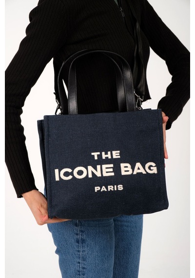 İcone Bag Lacivert The Icone Bag Paris İşlemeli Tote Kadın Kol Çantası Ve Omuz Çantası Orta Boy Lacivert