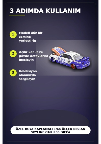Özel Boya Kaplamalı 1/64 Ölçek Nissan Skyline Gt-r R33 Diecast Model Araba Bx-313372