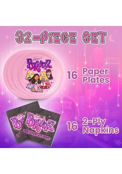 Silver Buffalo Bratz Dolls 32 Parça Mor Kağıt Peçete Ve Tabak Parti Paketi Yasmin, Sasha, Jade Ve Cloe -