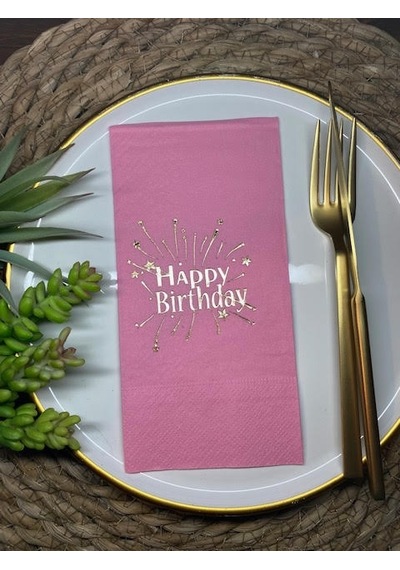 Gold Yaldızlı Pembe Happy Bırthday Garson Katlama Peçete 16 lı